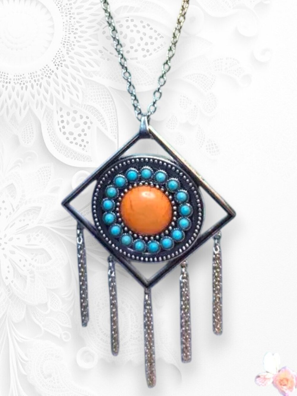 Large Boho Silver Tone Diamond Pendant Necklace Orange Cabochon 489